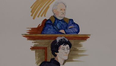 Carlos Šakala a jeho žena Isabelle Coutant-Peyrová na soudní kresbě