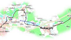 Úsek III. koridoru z Rokycan do Plzn. Nová tra je vyznaena mode.