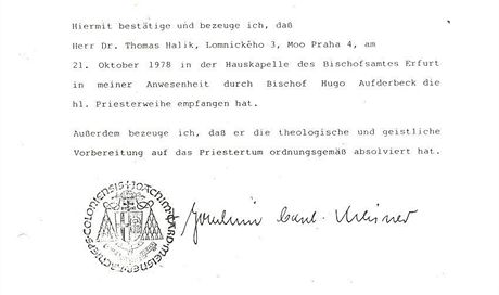 Dokument o vysvcen Tome Halka na knze vydan kardinlem Meisnerem, kter poskytla esk biskupsk konference