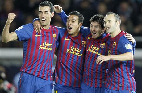 Zleva: Sergio Busquets, Thiago, Lionel Messi a Andres Iniesta