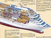 Plánek lodi Costa Concordia. Popisky jsou v nmin