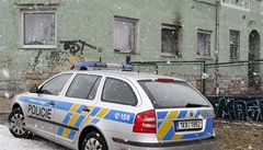 Policisté hlídkují ped ubytovnou v Ai na Chebsku, na kterou dva neznámí mui hodili nkolik zápalných lahví.