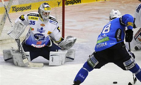 Semifinále play off hokejové extraligy Plze - Kometa Brno.Tomá Pitule z Plzn a eskobudjovický branká Jií Trvaj.