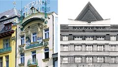 T�i pra�ské realizace Aloise Dryáka: postkubistický portál na Per�týn�, hotel Meran (d�íve Garni) na Václavském nám�stí a budova Orbisu na Vinohradské t�íd�