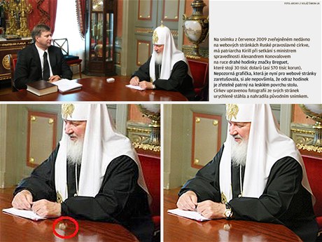 Patriarchovi zázran zmizely z ruky hodinky (vpravo dole vidíte nepovedenou retu)