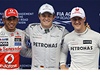 Zleva: Lewis Hamilton, Nico Rosberg, Michael Schumacher