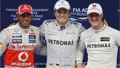 Zleva: Lewis Hamilton, Nico Rosberg, Michael Schumacher