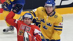 Zleva �eský úto�ník Petr Pr�cha a obránce Victor Hedman ze �védska