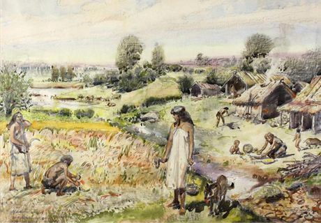 Dosud neznámá studie k obrazu neolitické vesnice od Zdeka Buriana