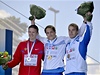 Zlatý otpa Vítzslav Veselý (uprosted) pi vyhlaování medailist na mistrovství Evropy v atletice v Helsinkách (vlevo je rus Valerij Lordan a vpravo Fin Ari Mannio)