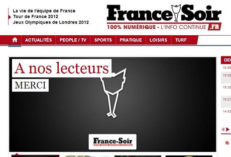 Internetová verze francouzského deníku France Soir se rozlouila se svými tenái.