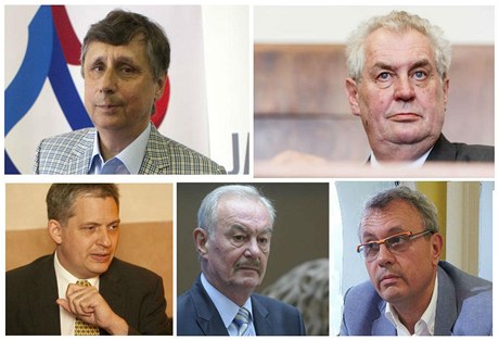 Prezidentí kandidáti Jan Fischer, Milo Zeman (horní ada zleva), Jií Dienstbier, Pemysl Sobotka a Vladimír Dlouhý (dolní ada zleva).