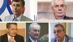 Prezidenští kandidáti Jan Fischer, Miloš Zeman (horní řada zleva), Jiří Dienstbier, Přemysl Sobotka a Vladimír Dlouhý (dolní řada zleva).