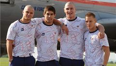 Zleva judisté Jaromír Musil, Jaromír Je�ek a Luká� Krpálek a boxer Zden�k Chládek