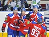 Utkání KHL Lev Praha - Chanty-Mansijsk. Hrái Lva se radují z druhého gólu
