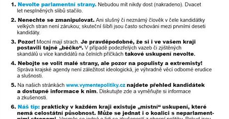Letk sdruen Vymtepolitiky.cz, kter vyzv k bojkotu parlamentnch stran v krajskch volbch.