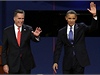 Souasný prezident Obama a jeho protivník v nadcházejících volbách Mitt Romney se stetli v první ze tech debat. 