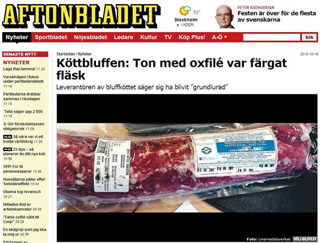 Titulek védského bulvátního deníku zní Podvod s masem: Tuny hovzího masa byly obarvené vepové