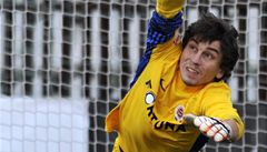 Utkání 3. kola domácího poháru Viktoria ikov - Sparta Praha. Branká Sparty Marek ech zasahuje pi penaltovém rozstelu