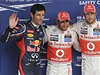 Vítzové kvalifikace Velké ceny Brazílie formule 1, zleva Mark Webber, Lewis Hamilton a Jenson Button 