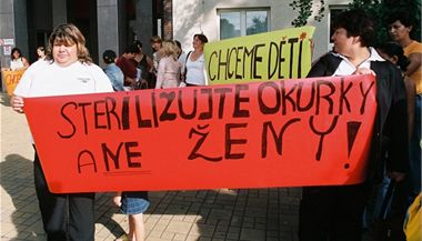 Romské ženy protestovaly v létě 2006 před ostravskou nemocnicí Fifejdy proti nedobrovolným sterilizacím s transparentem Sterilizujte okurky a ne ženy!