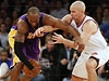 Basketbalista Los Angeles Lakers Kobe Bryant (vlevo) a  Jason Kidd z New Yorku Knicks