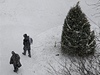 Lidé procházejí kolem vánoního stromku v Newarku