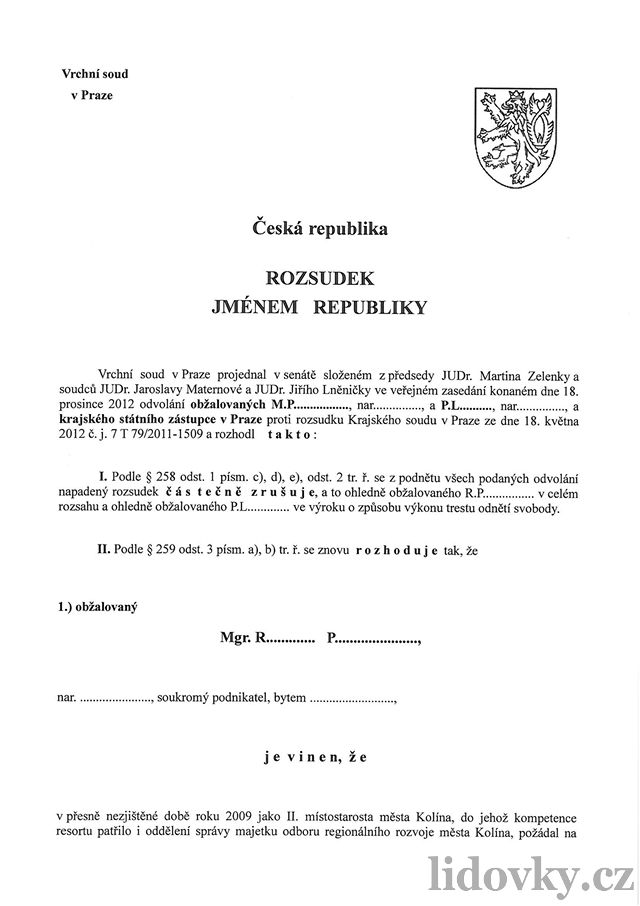 Rozsudek Vrchního soudu v Praze nad Romanem Pekárkem - strana 01