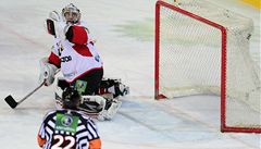 Lev Praha - eljabinsk. Branká eljabinsku Michael Garnett inkasuje první gól