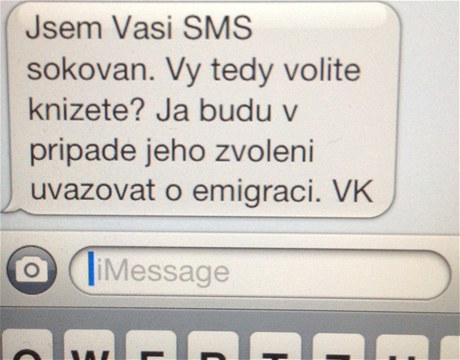 SMS od Václava Klause, v ní popisuje svj dalí postup v pípad vítzství Karla Schwarzenberga