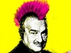 Ptasedmdesátiletý kníe Schwarzenberg s namalovaným "írem" shlíí na volie z plakát stylizovaných podle obalu desky kapely Sex Pistols.