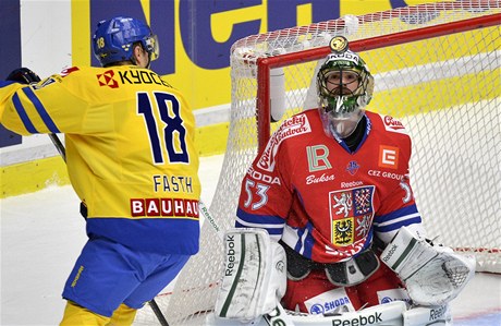 eský branká Alexander Salák a védský hokejista Jesper Fasth