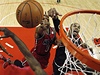 Basketbalista Miami Heat Chris Bosh (vlevo) a Taj Gibson z Chicaga Bulls
