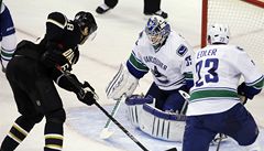 eský hokejista Dallasu Stars Jaromír Jágr (vlevo) a hrái Vanocuveru Canucks branká Cory Schneider a Alexander Edler 