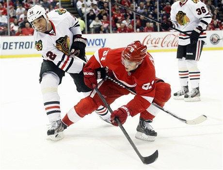 eský hokejista Chicaga Blackhawks Michal Rozsíval (vlevo) a Valtteri Filppula z Detroitu Red Wings