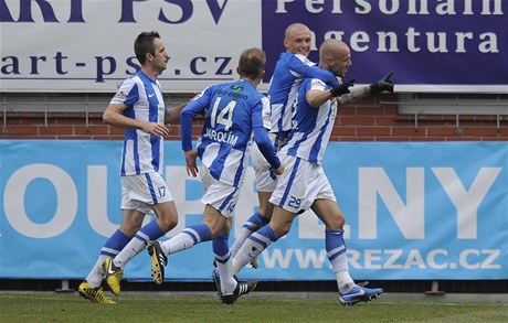 Mladá Boleslav - Slovácko. Hrái Mladé Boleslavi se radují z tetího gólu