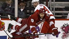 �eský hokejista Detroitu Red Wings Jakub Kindl (v bílém) a Boyd Gordon z Phoenixu Coyotes 