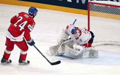 eský hokejista Zbynk Irgl (vlevo) a branká Dánska Simon Nielsen