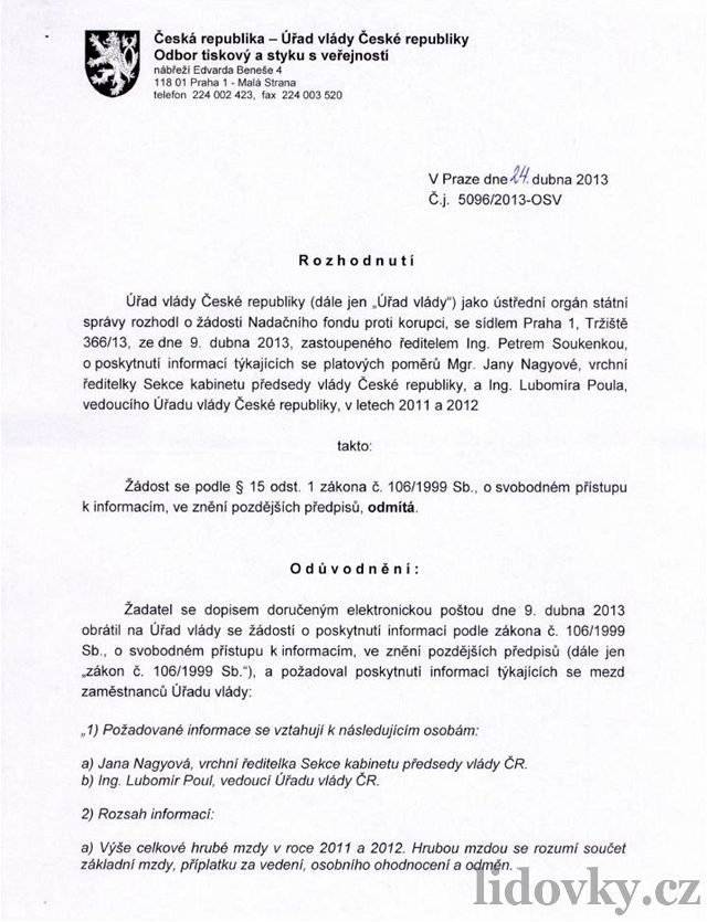 Odmítnutí Úadu vlády zveejnit na ádost NFPK mzdu Jany Nagyové (1)