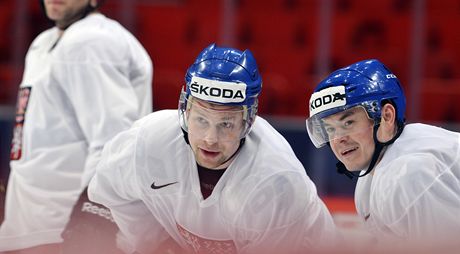 etí hokejoví útoníci Petr Vrána (uprosted) a Jií Hudler