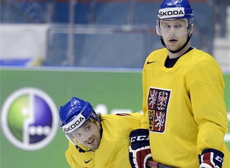 Petr Koukal (vlevo) a Petr Vrána na tréninku reprezentace.