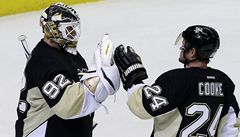 eský branká hokejist Pittsburghu Tomá Vokoun (vlevo) a jeho spoluhrá Matt Cooke