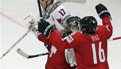 Hokejisté výcarska Raphael Diaz (vpravo) a branká Martin Gerber se radují