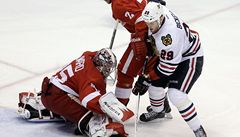 Hrá� Chicaga Bryan Bickell (vlevo) st�ílí na branká�e Red Wings Jimmy Howarda.