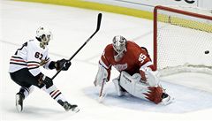 eský hokejista Chicaga Blackhawks Michael Frolík (vlevo) a branká Detroitu Red Wings Jimmy Howard