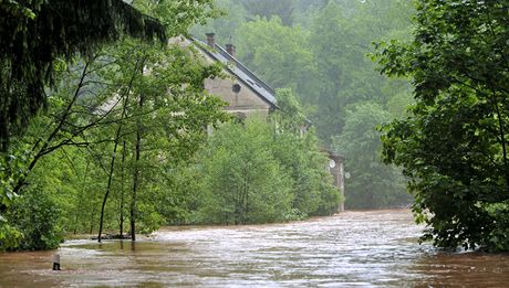 Rozvodnné Labe zaplavilo silnici v obci Debrné na Trutnovsku. 