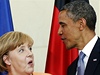 Americký prezident Barack Obama po jednání s kanclékou Angelou Merkelovou v Berlín. 