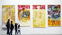 Kostlivec v rajské omáce, výstava v brnnské Wannieck Gallery. Na snímku jsou obrazy Blanky Jakubíkové. 