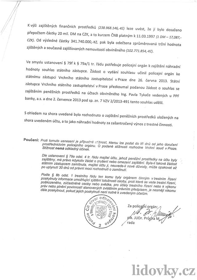 Usnesení policejního UOKFK o zajitní majetku Pavla Tykae.