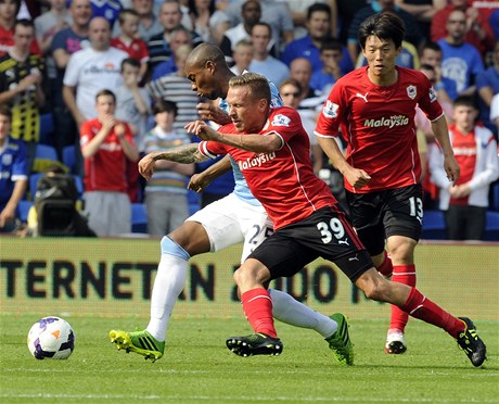 Fotbalista Manchesteru City Fernandinho (vlevo) a Craig Bellamy (uprosted) z Cardiffu City